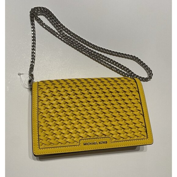 NEW Michael Kors Handbag Jet Set Woven Leather Crossbody Chain Bag Yellow Purse - Picture 1 of 11